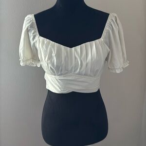 Shasa ivory bubble puff short sleeves cropped peasant top blouse Sz S